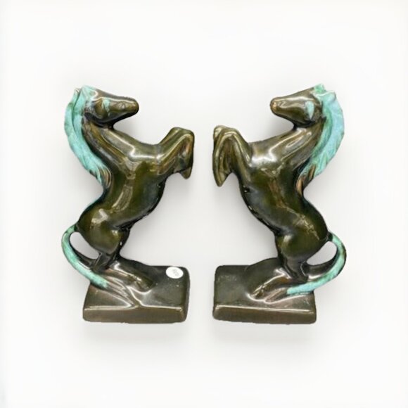 Pair Of Blue Mountain Pottery Rearing Horse Book Ends. Beautiful Blue/Aqua Hue! - Picture 1 of 4